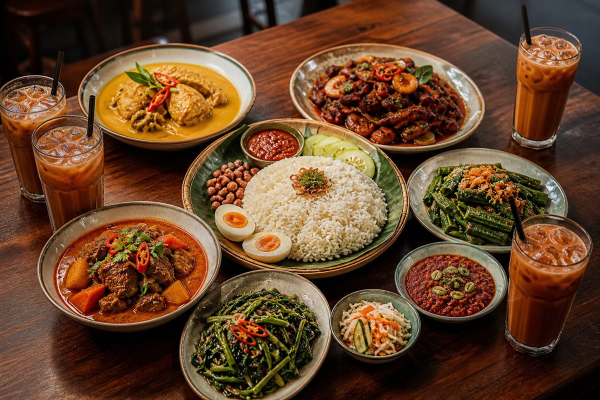 A Malaysian family sharing spread with rice, mains, vegetable sides and iced drinks.