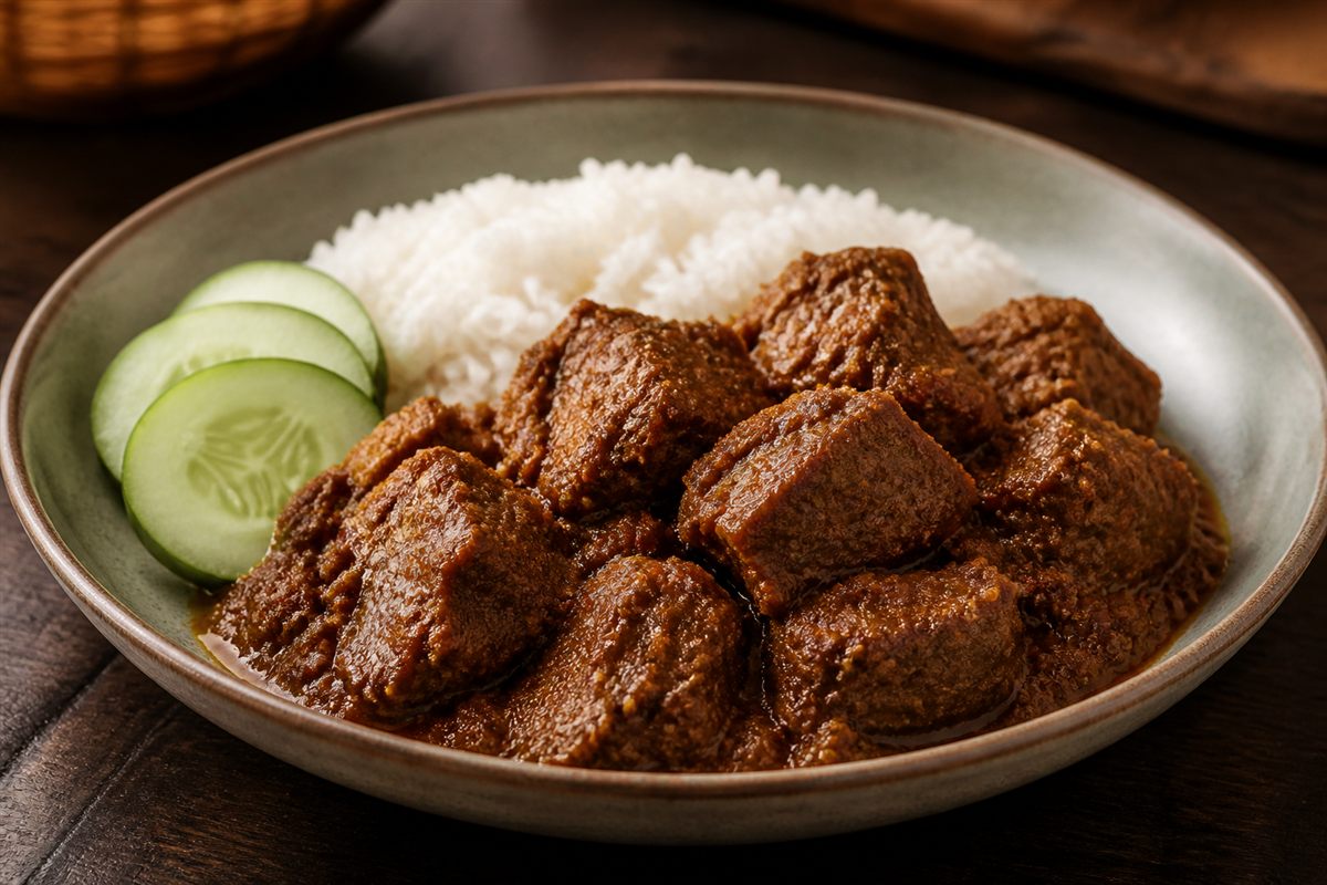 Malaysian beef rendang served with steamed rice and cucumber.