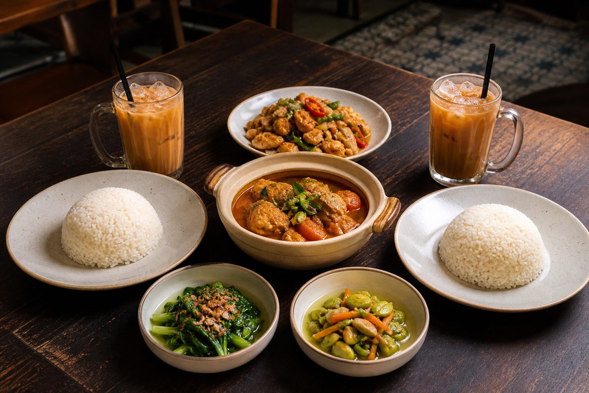A Malaysian set lunch for two with rice, mains, vegetable sides and iced drinks.